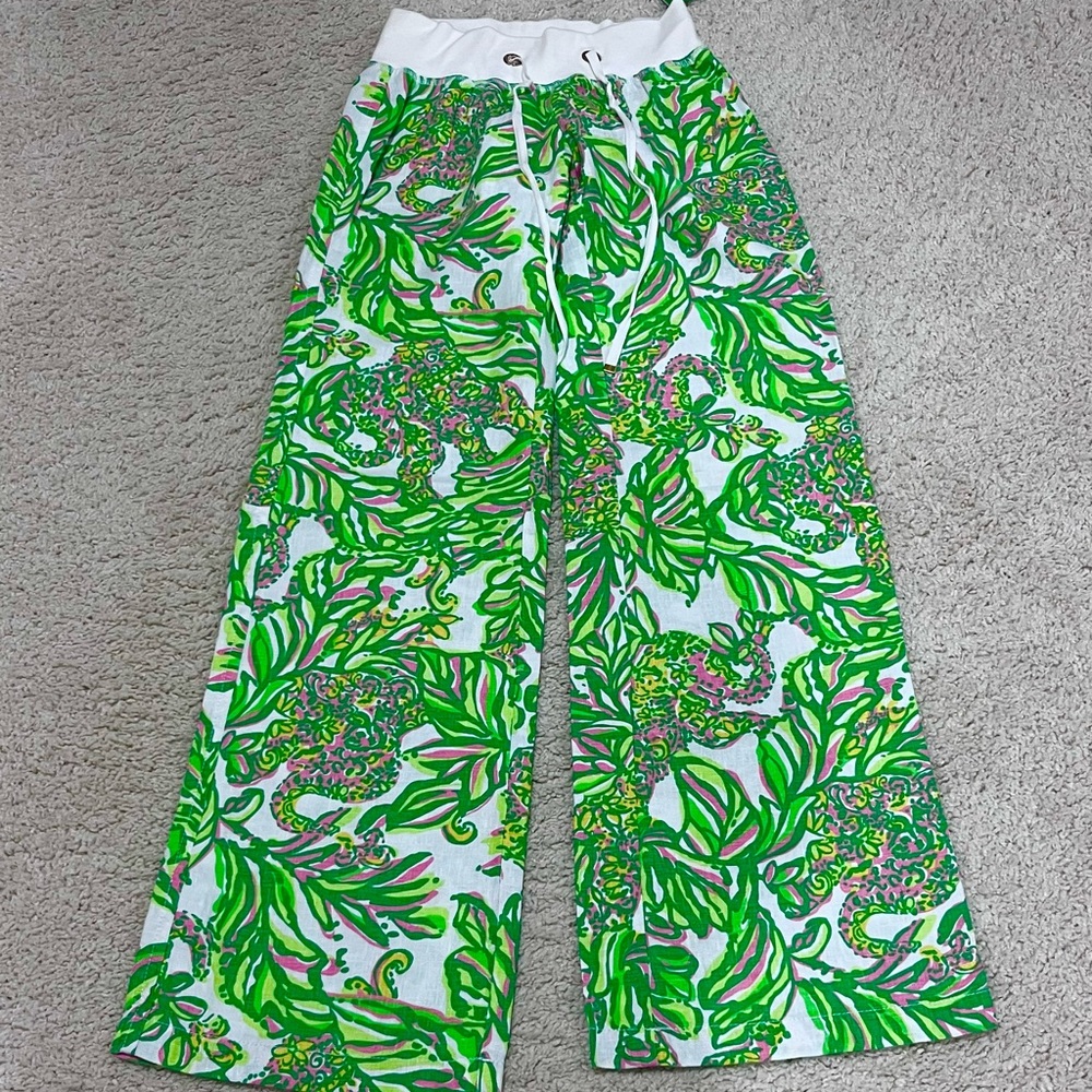 Lilly Pulitzer The Beach Pant in Pink Elephant Linen Wide Leg Pant- RARE